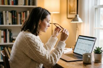 Femme comparant des montures de lunettes en ligne depuis son bureau à domicile avec un ordinateur portable