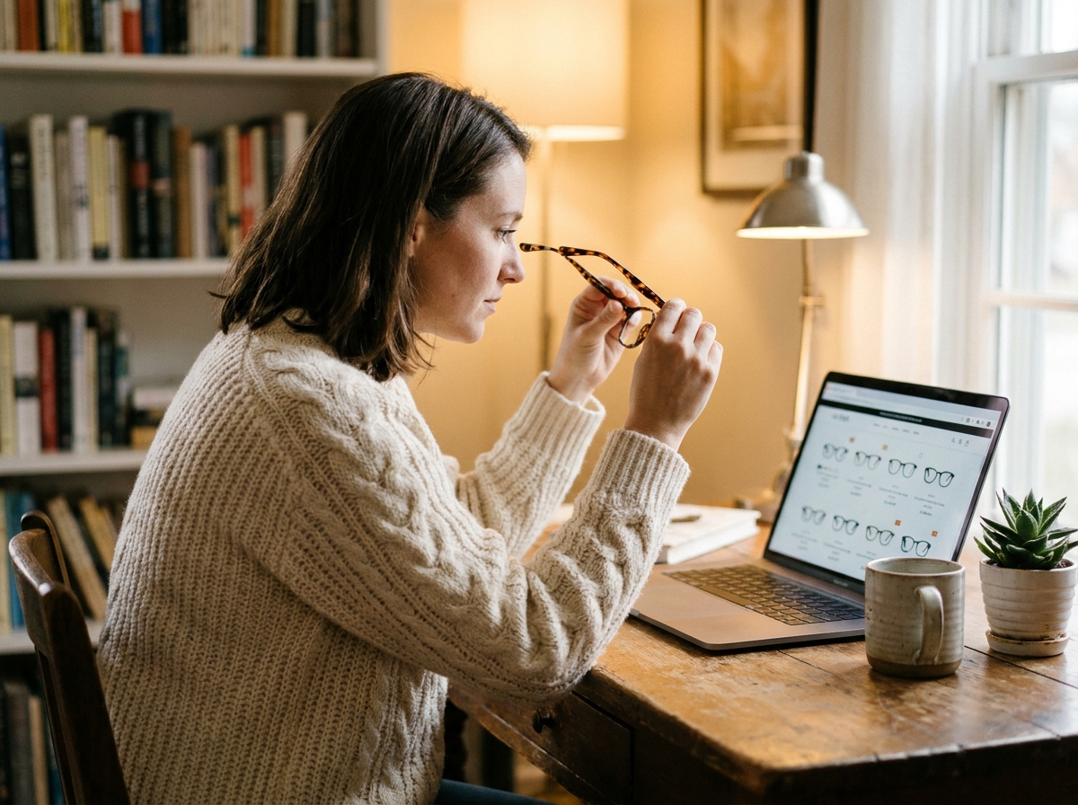 Femme comparant des montures de lunettes en ligne depuis son bureau à domicile avec un ordinateur portable