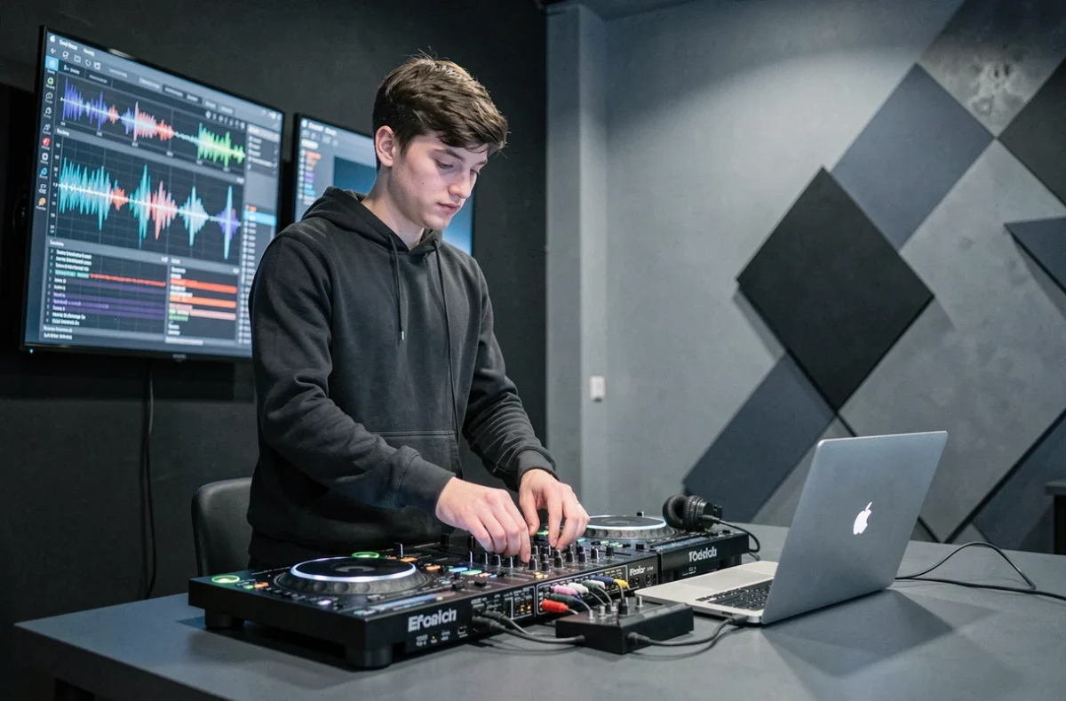 DJ Adrino jeune et moderne derrière son setup électro avec écrans de visualisation lors d'un set contemporain en club