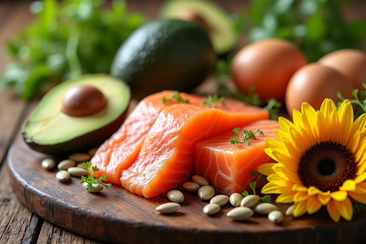 Avocat oeufs saumon et graines de tournesol sur table en bois