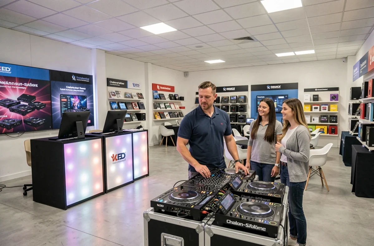 Showroom événementiel AlloFiestaLoc à Chalon-sur-Saône avec équipements DJ exposés et consultant présentant des options à des clients