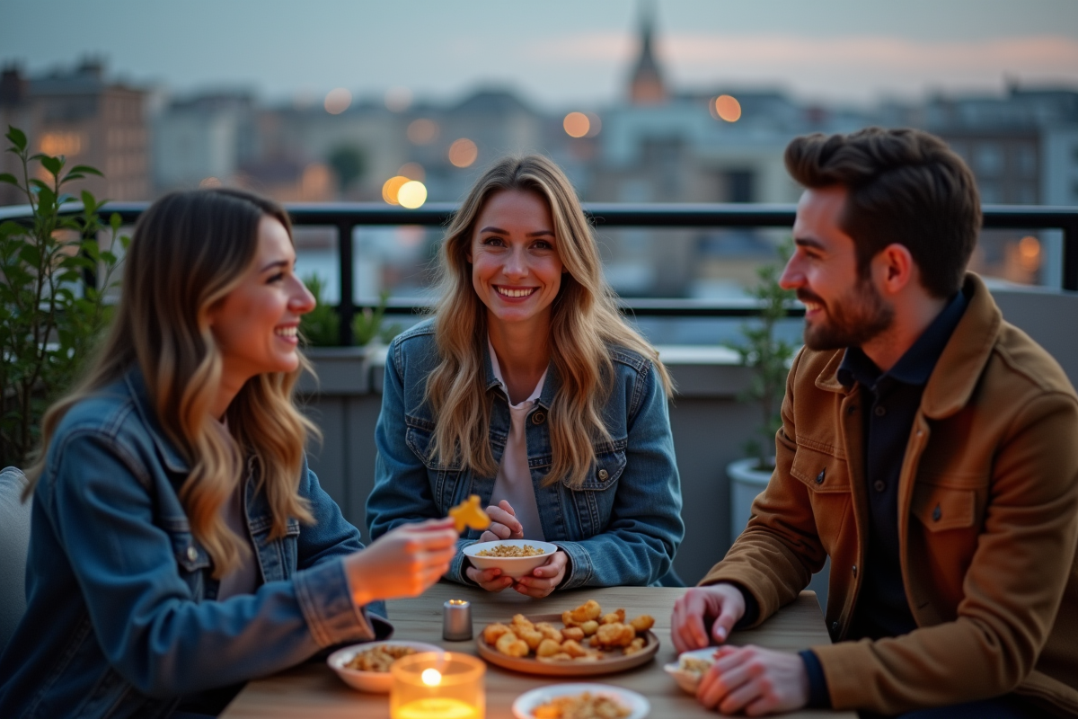 Trois amis discutant sur un balcon avec vue urbaine en soirée