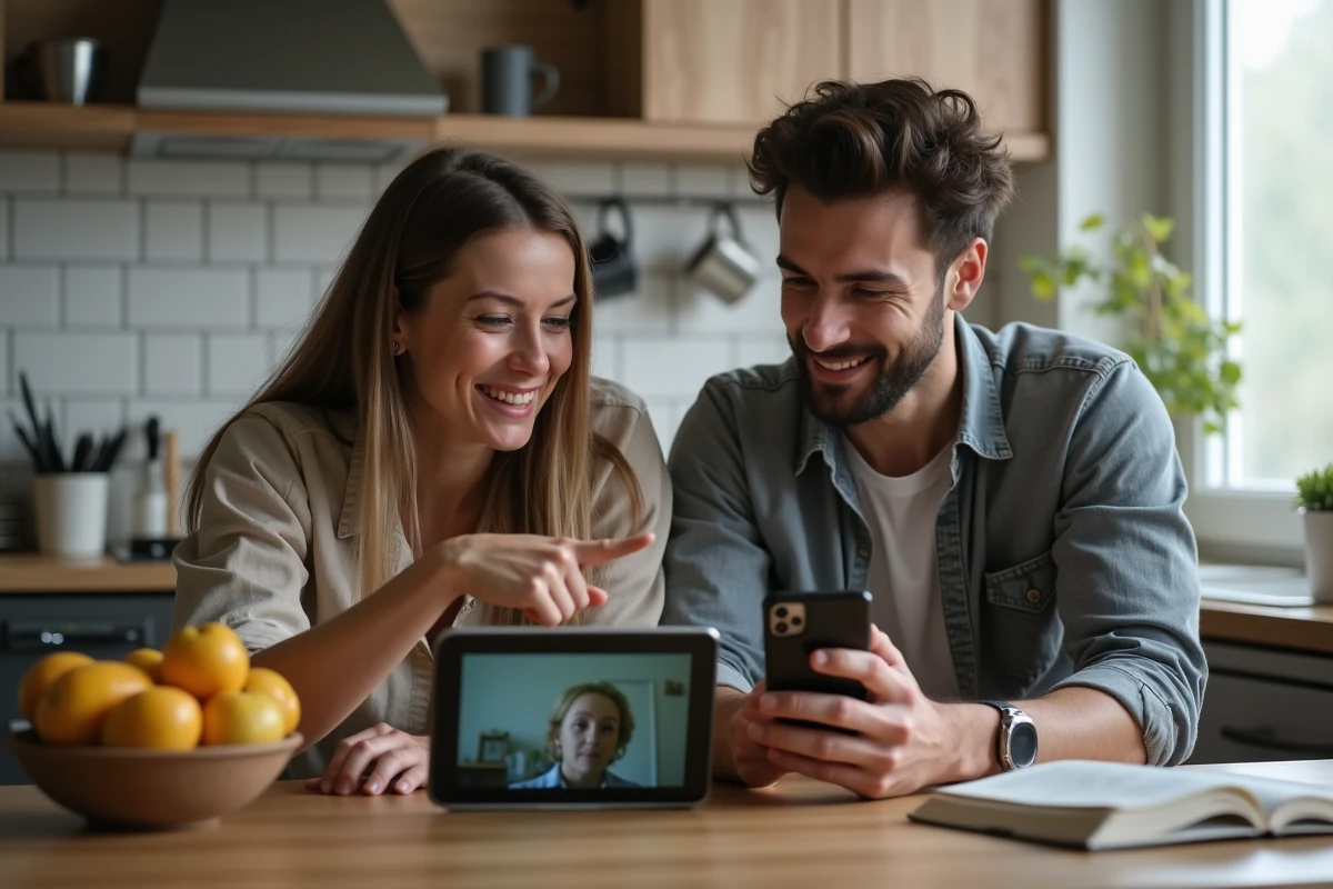 Deux amis regardant un film en version originale et déchiffrant les références horaires AM PM sur une tablette dans une cuisine
