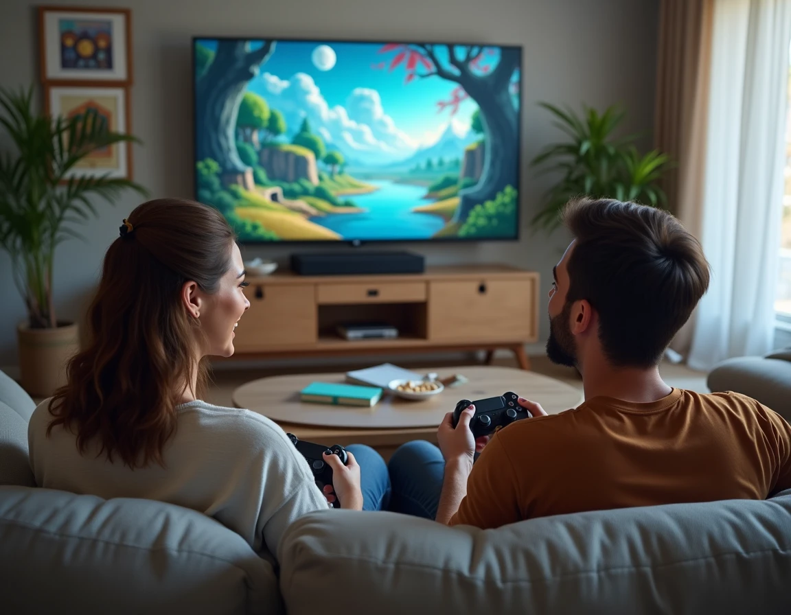 Deux amis adultes jouant ensemble à un jeu de rôle fantastique sur console dans un salon moderne