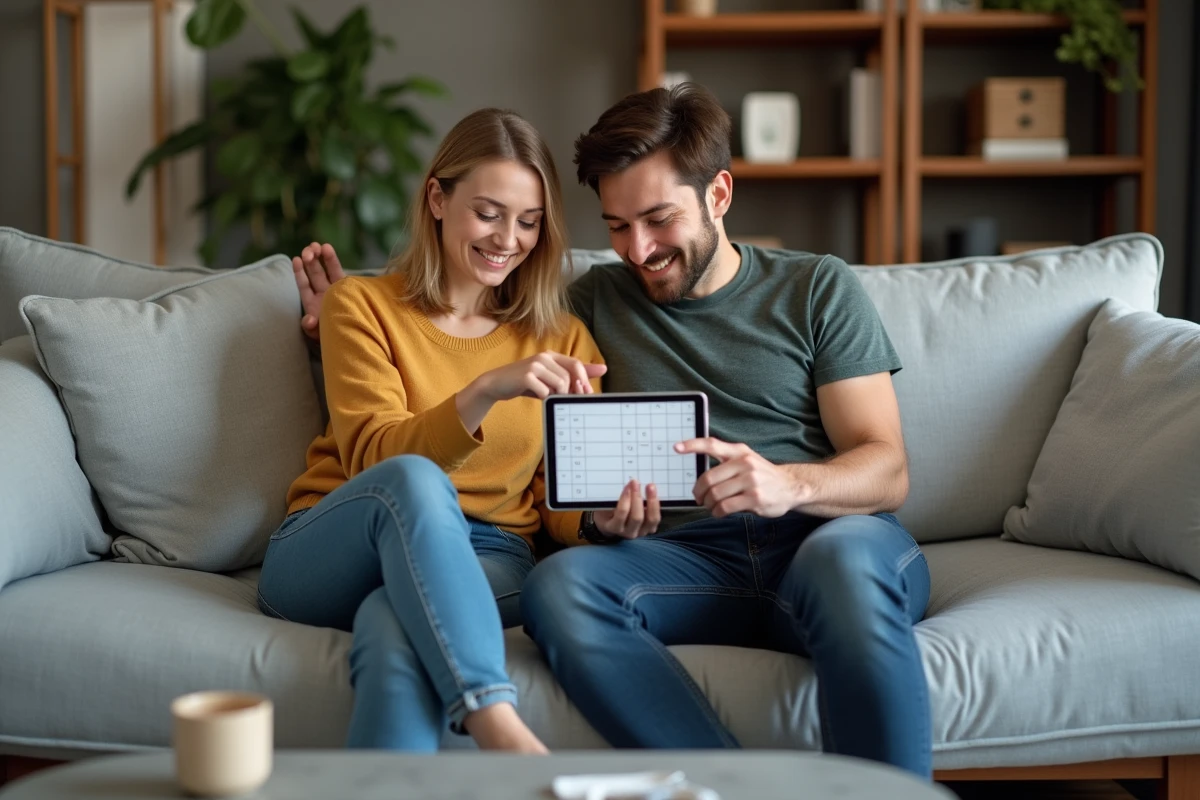 Deux amis consultant ensemble un tableau de solutions pour le jeu 4 images 1 mot sur une tablette dans un salon moderne