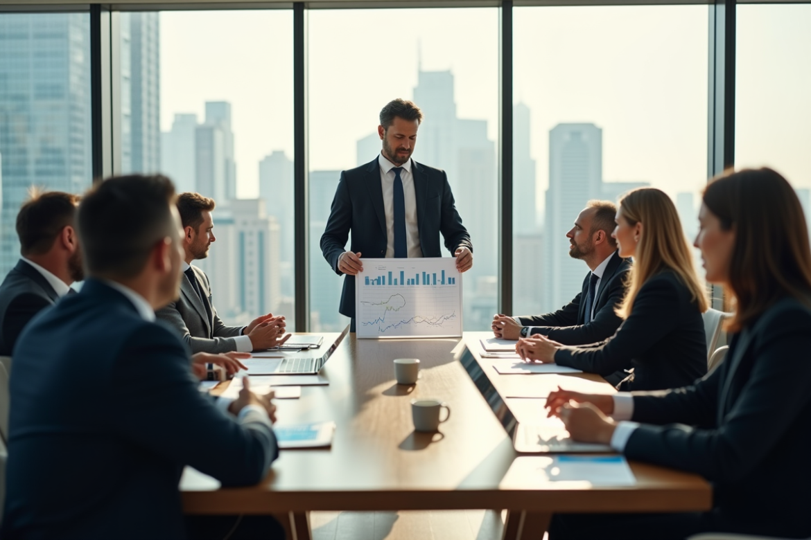 Analyste financier expliquant des graphiques à un groupe d'investisseurs