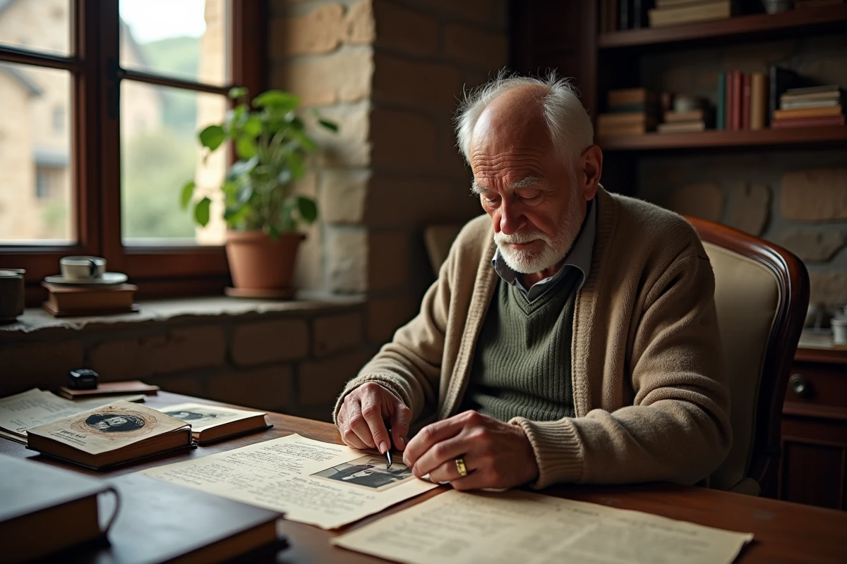 Homme age mediteranneen examine photo ancienne dans son bureau