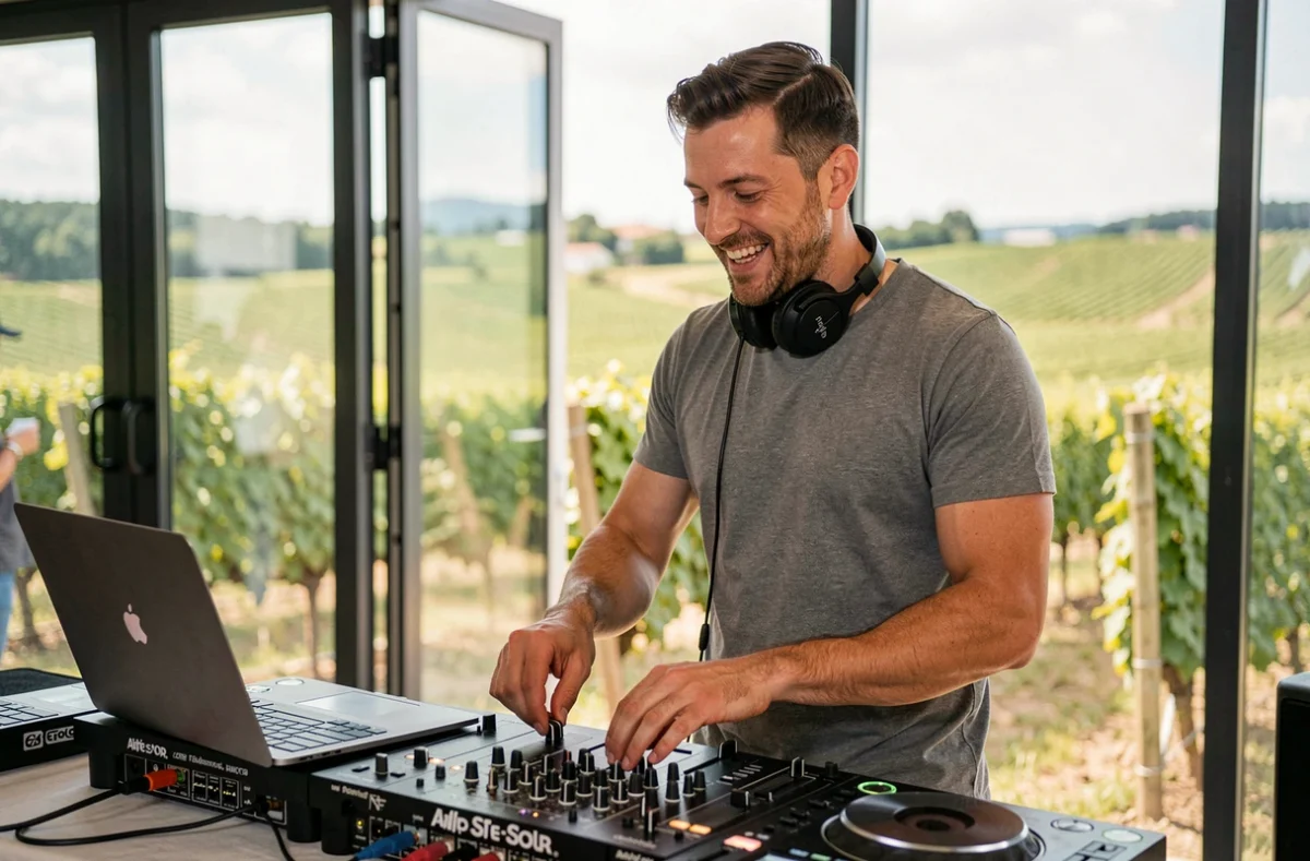 DJ polyvalent Animation Lithium derrière ses platines lors d'un événement en Côte-d'Or avec vignobles bourguignons en arrière-plan