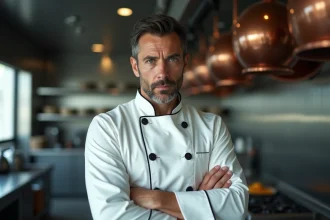 Cosplayeur incarnant un antagoniste chef cuisinier d'anime dans une cuisine gastronomique professionnelle