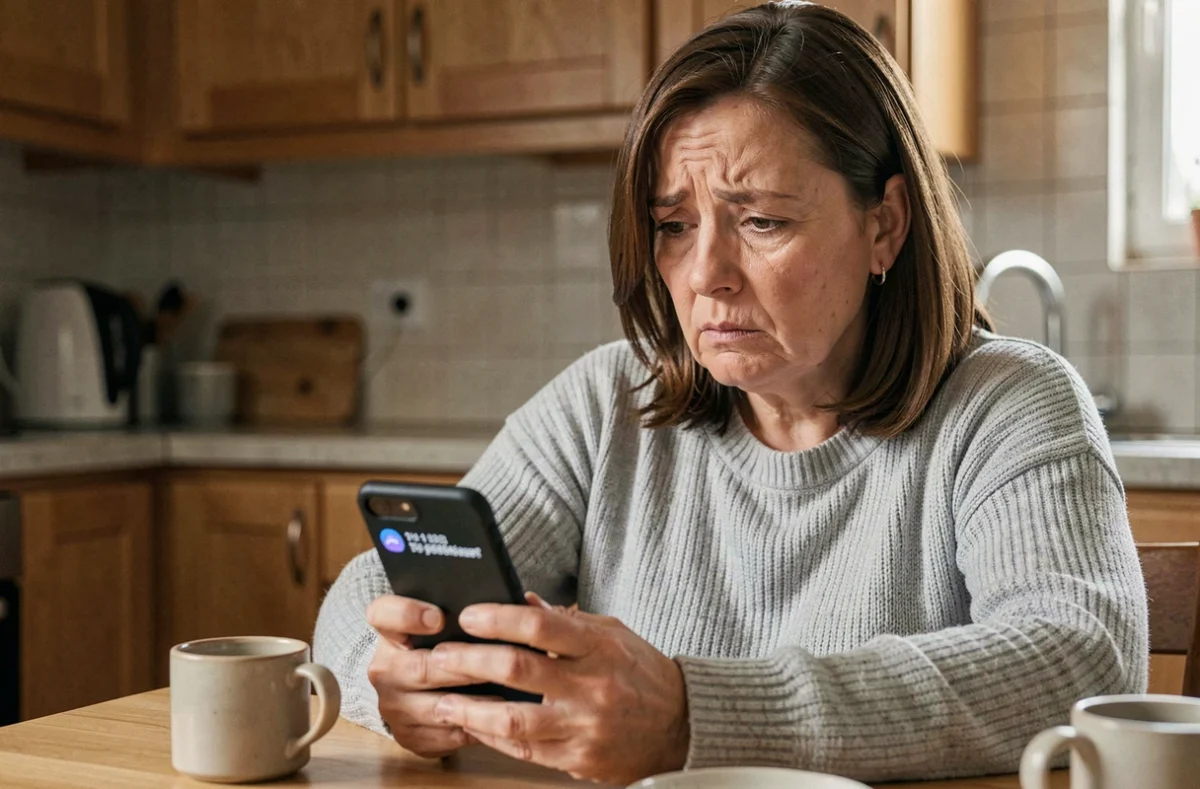 Femme inquiète regardant un appel répété d'un numéro inconnu sur son smartphone dans une cuisine