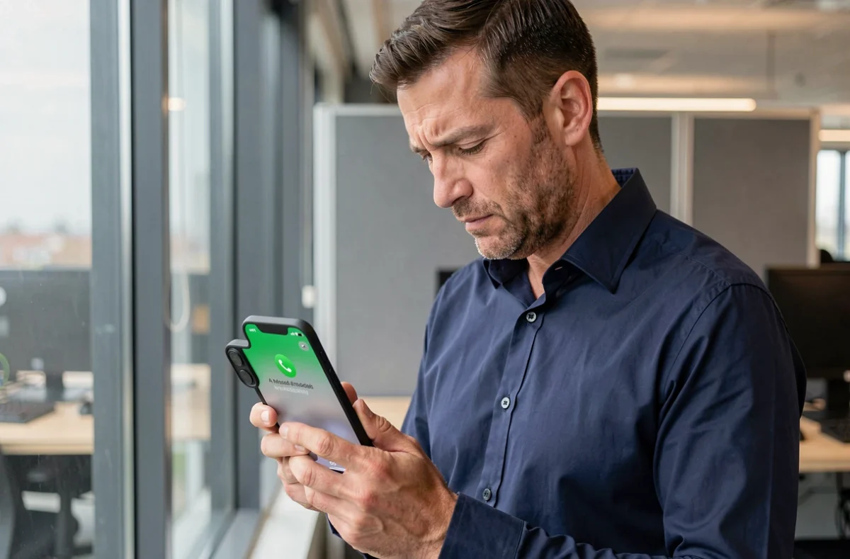 Homme en bureau consultant son téléphone après plusieurs appels manqués d'un numéro suspect