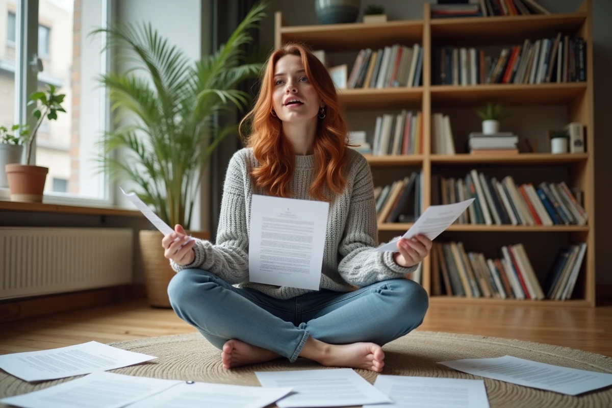 Jeune femme apprenant les paroles de Lola de Renaud depuis une fiche imprimée posée sur le sol