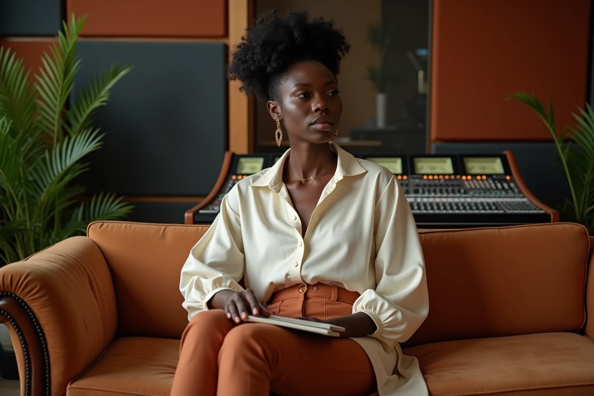 Artiste soul américaine en studio d'enregistrement dans une pause créative entre deux sessions