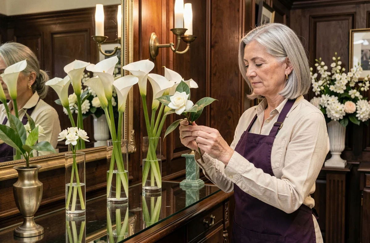 Fleuriste experte d'Arums et Senteurs à Lusignan inspectant une tige de gardénia dans une boutique raffinée ornée de lys calla blancs et prune sur un comptoir miroir