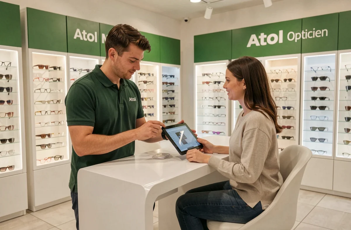 Opticien Atol Mon Opticien à Vichy présentant un essayage virtuel de montures à une cliente