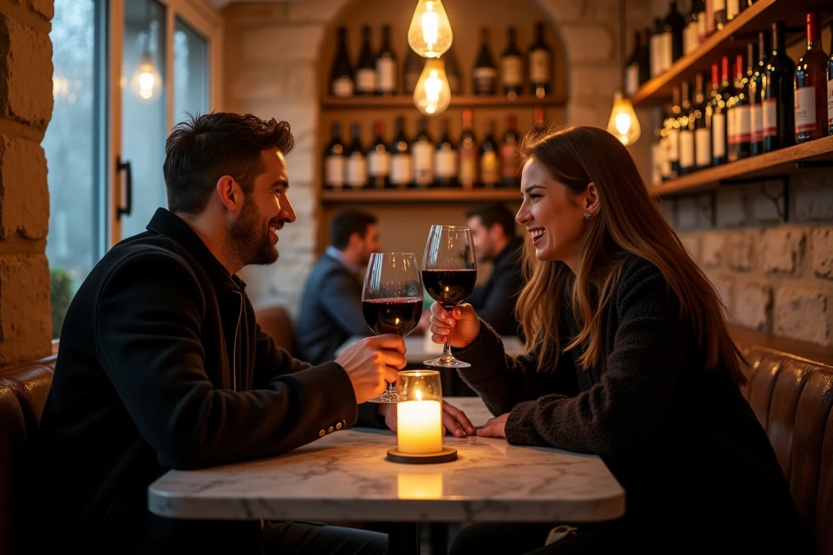 Couple attablé dans un bar à vins parisien cosy sous la pluie, ambiance chaleureuse et pierres apparentes