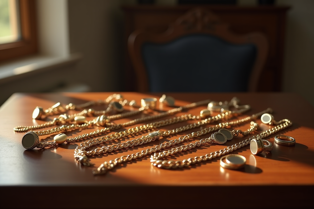 Bijoux pour homme disposés sur une table en bois avec lumière douce
