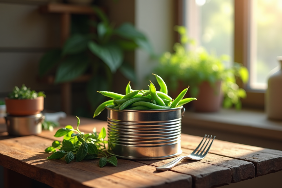 Boîte d'haricots verts ouverts sur une table en bois naturel