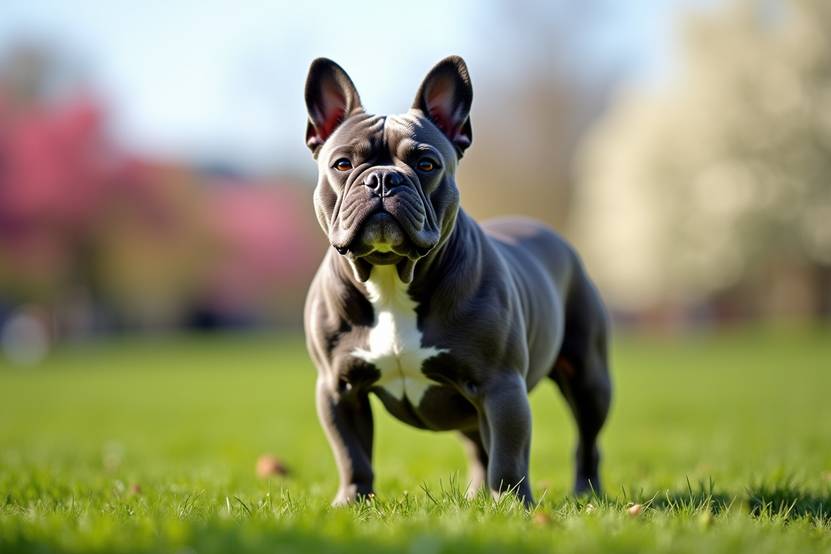Bulldog français adulte dans un parc avec fleurs printanières