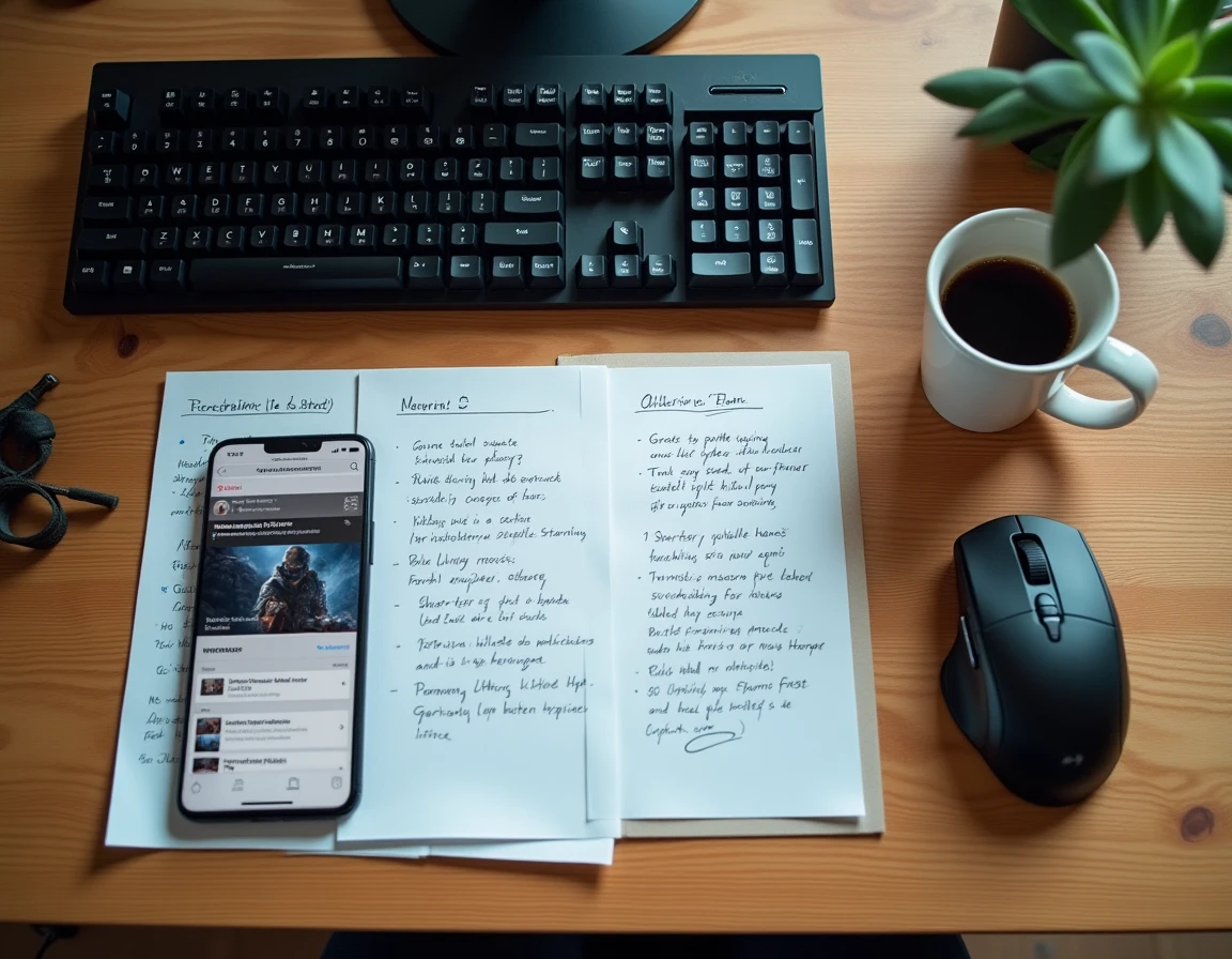 Vue en plongée d'un bureau avec clavier, notes manuscrites et smartphone affichant un forum d'aide pour mods de jeu vidéo