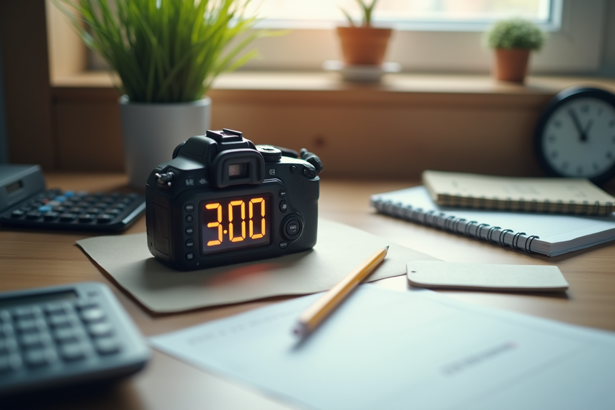 Bureau avec timer digital calculatrice et crayon