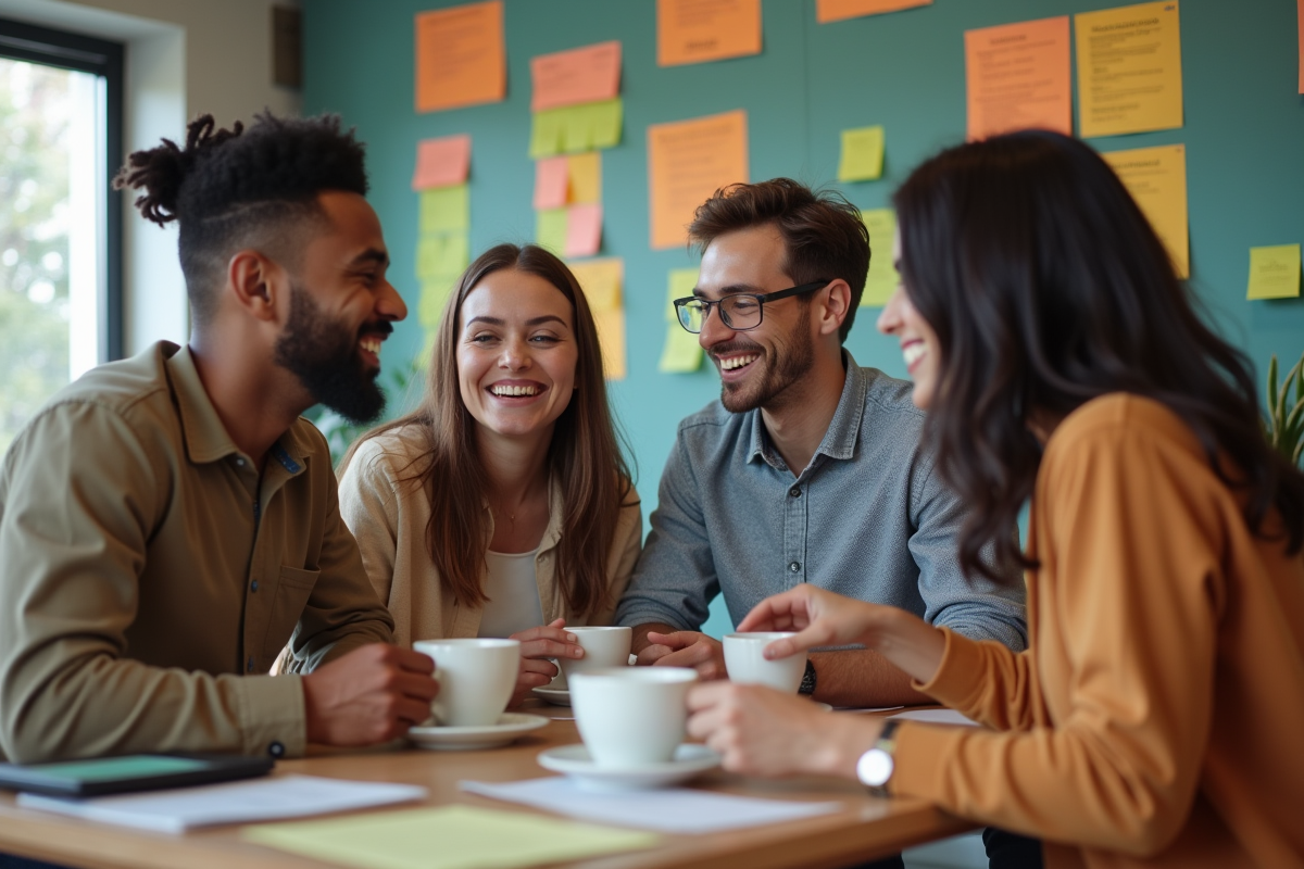 Collègues de différentes cultures partageant un café dans un espace convivial
