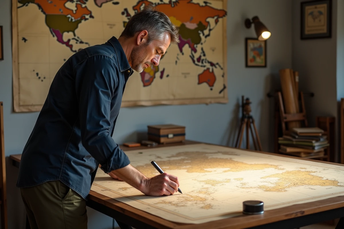 Cartographe professionnel travaillant sur une table à dessin avec un fond de carte du monde vierge et des outils techniques de cartographie