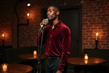 Chanteur de R&B et soul américain en performance sur scène dans un club de jazz intimiste