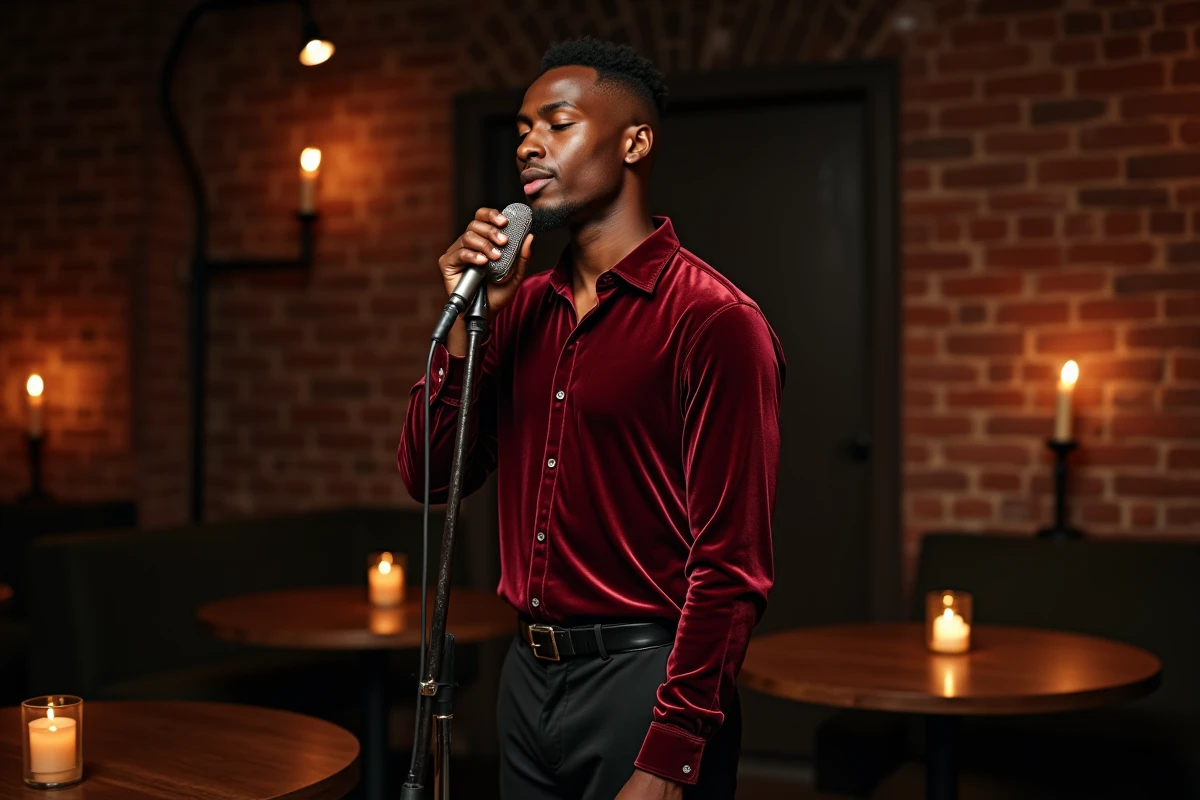 Chanteur de R&B et soul américain en performance sur scène dans un club de jazz intimiste