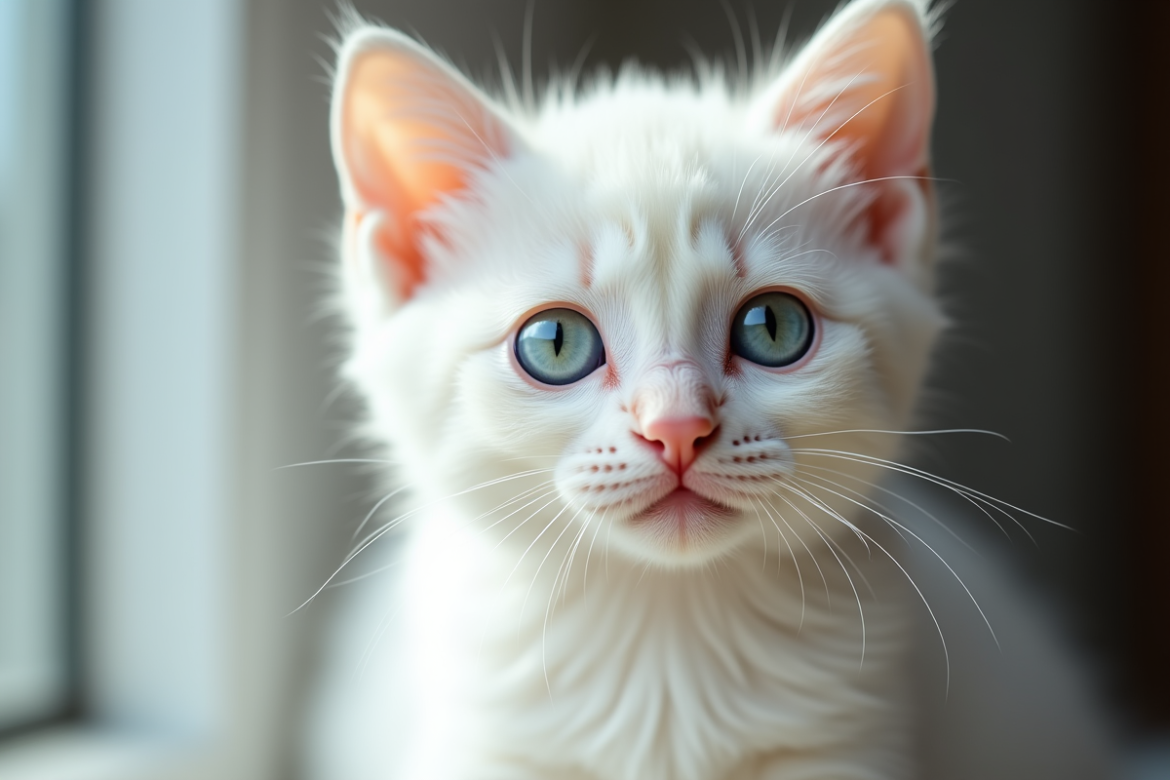 Chaton blanc aux yeux vairons yeux bleus et verts portrait