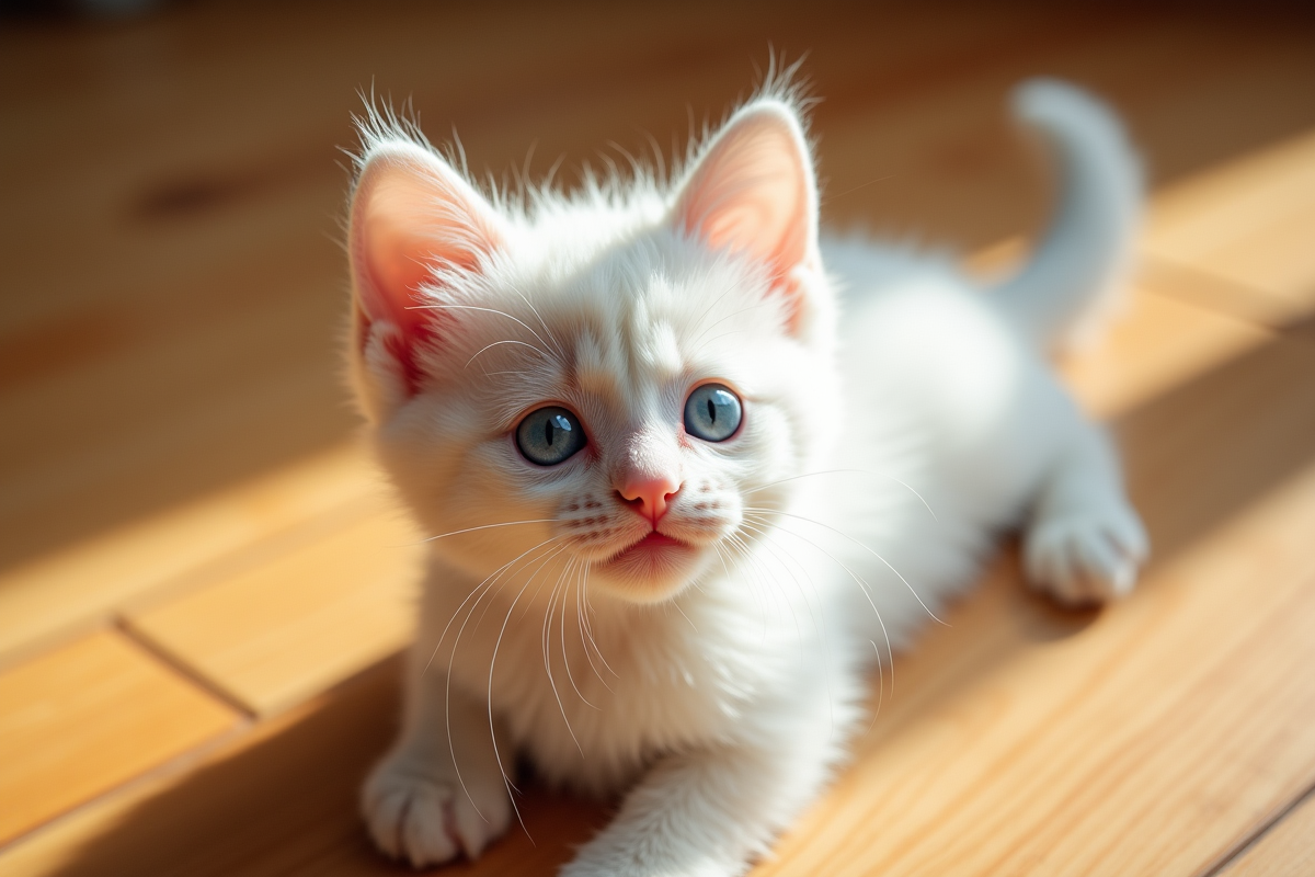 Chaton blanc jouant sur le sol en bois avec yeux bleus vifs