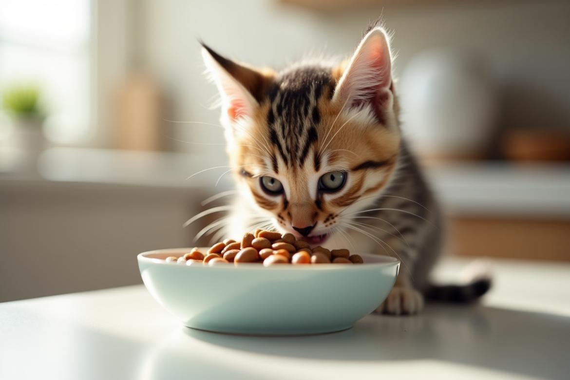 Chaton mangeant dans un bol de nourriture humide premium