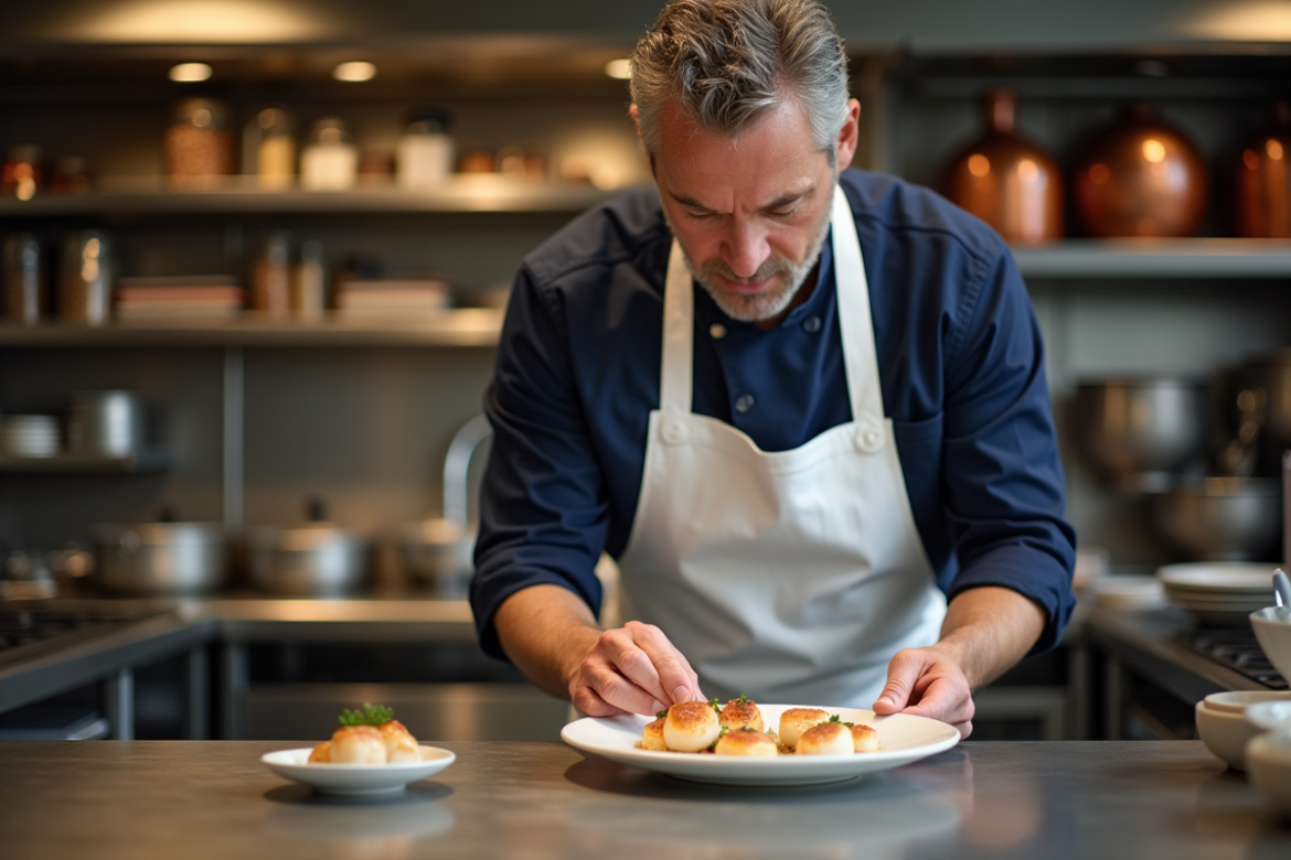Chef en cuisine arrangeant des coquilles Saint-Jacques fraîches