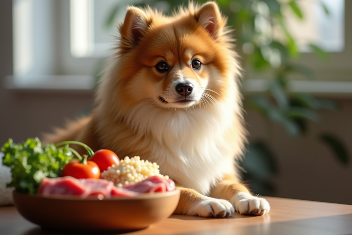 Finnish Spitz assis près d'un bol en bois avec viande et légumes