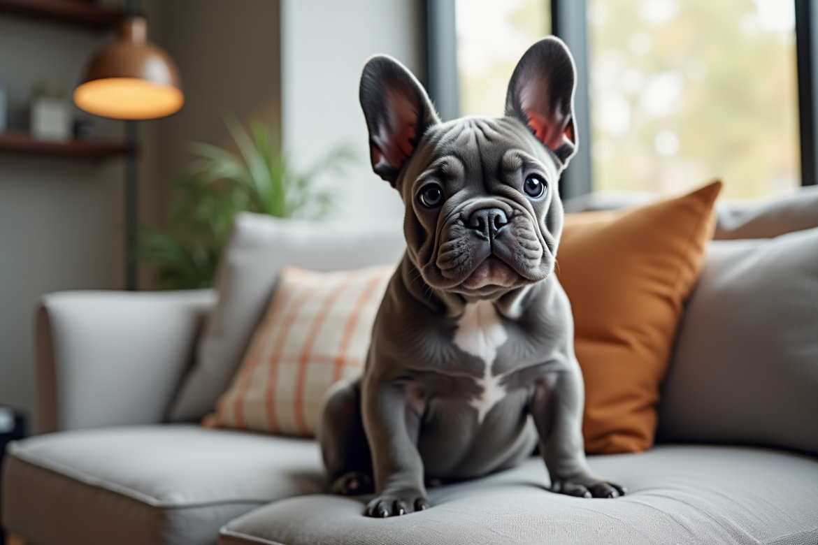 Chiot bulldog français bleu assis sur un canapé moderne