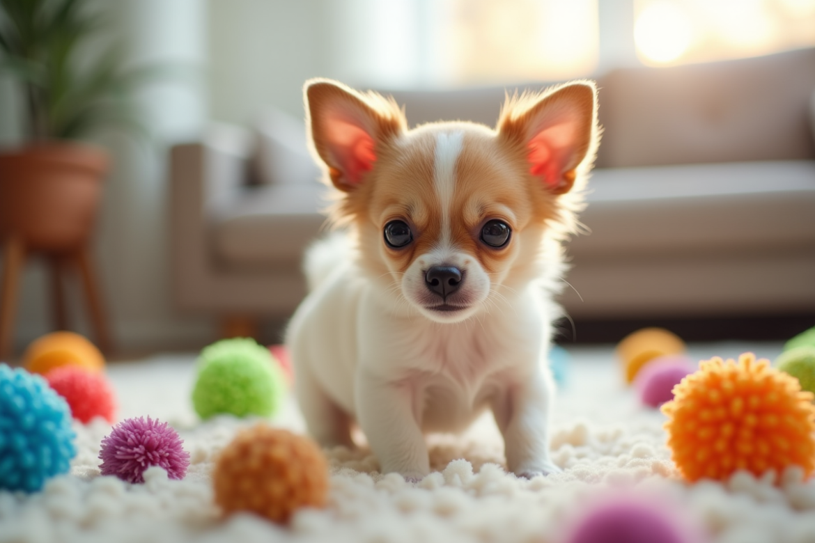 Chiot Chihuahua joueur dans un salon lumineux