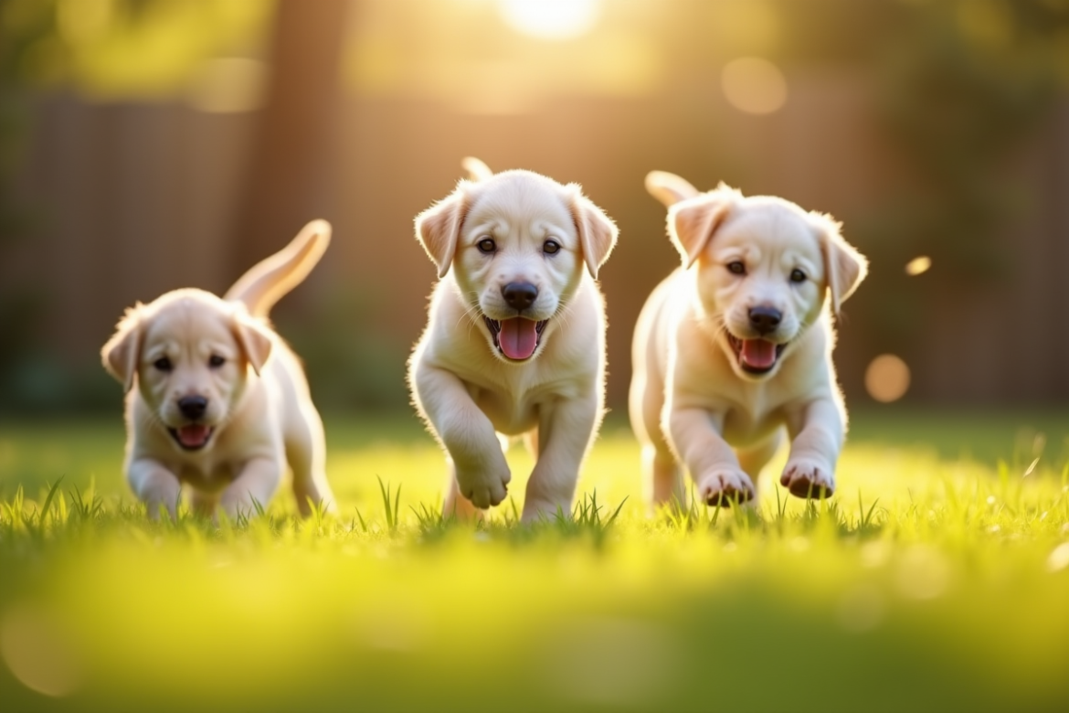 Trois chiots labrador jouent dans un jardin ensoleille