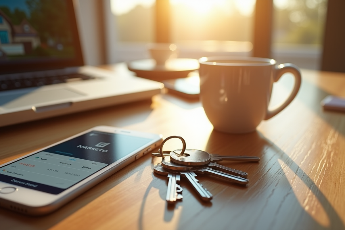Clés de logement téléphone et tasse de café sur un bureau en bois