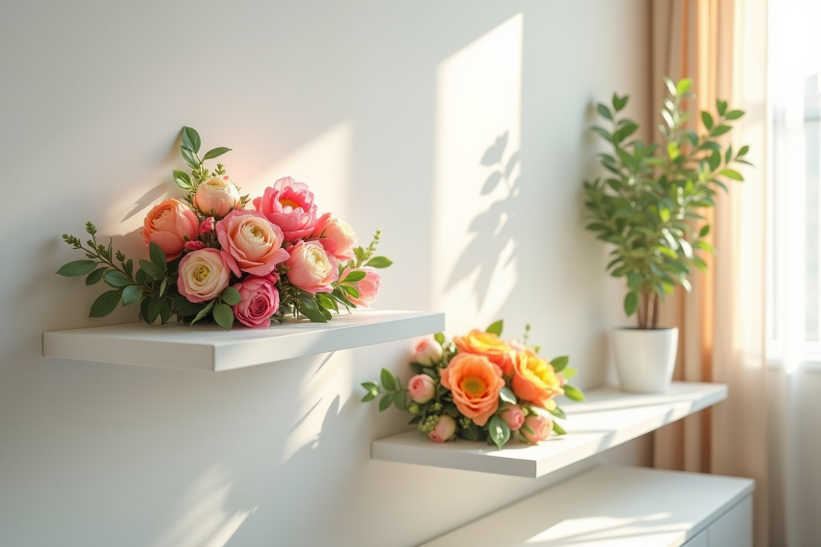 Coin salon avec fleurs flottantes et lumière naturelle