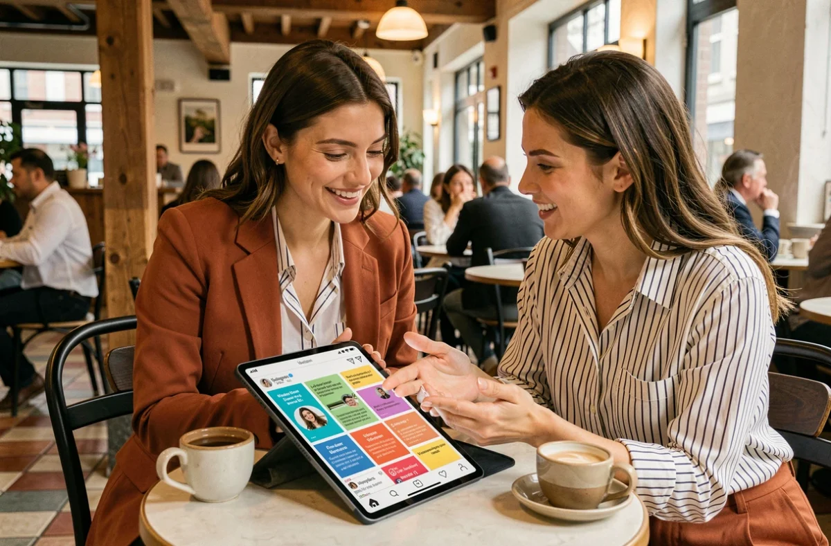 Deux femmes collaborant sur des scénarios de stories Instagram sur une tablette dans un café urbain