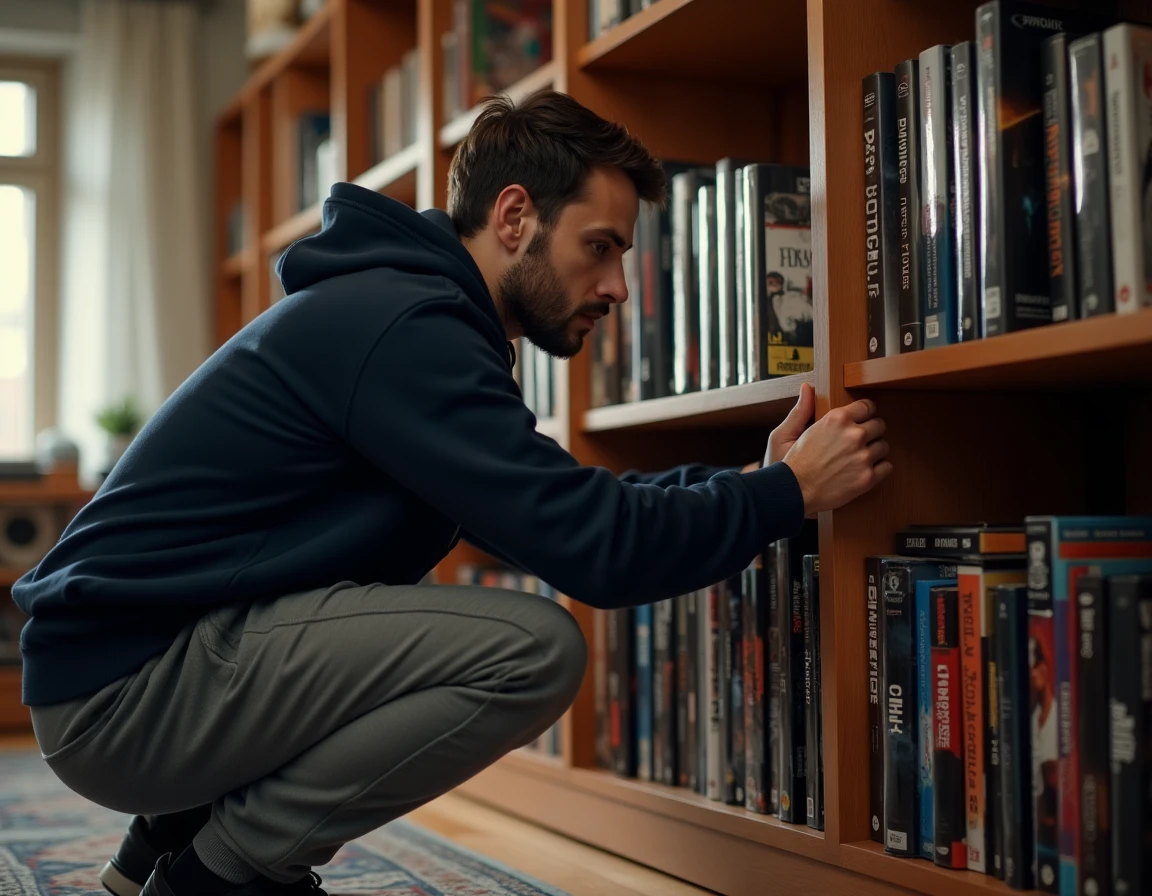 Homme organisant une collection de films Resident Evil en Blu-ray dans une bibliothèque à domicile