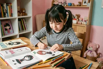 Jeune fille dessinant et coloriant un modèle de Mortelle Adèle imprimable à son bureau avec des crayons de couleur