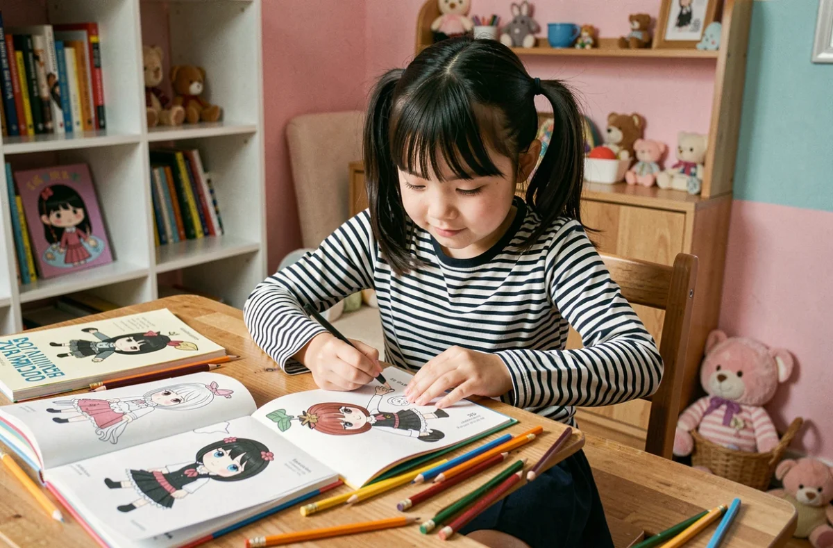 Jeune fille dessinant et coloriant un modèle de Mortelle Adèle imprimable à son bureau avec des crayons de couleur