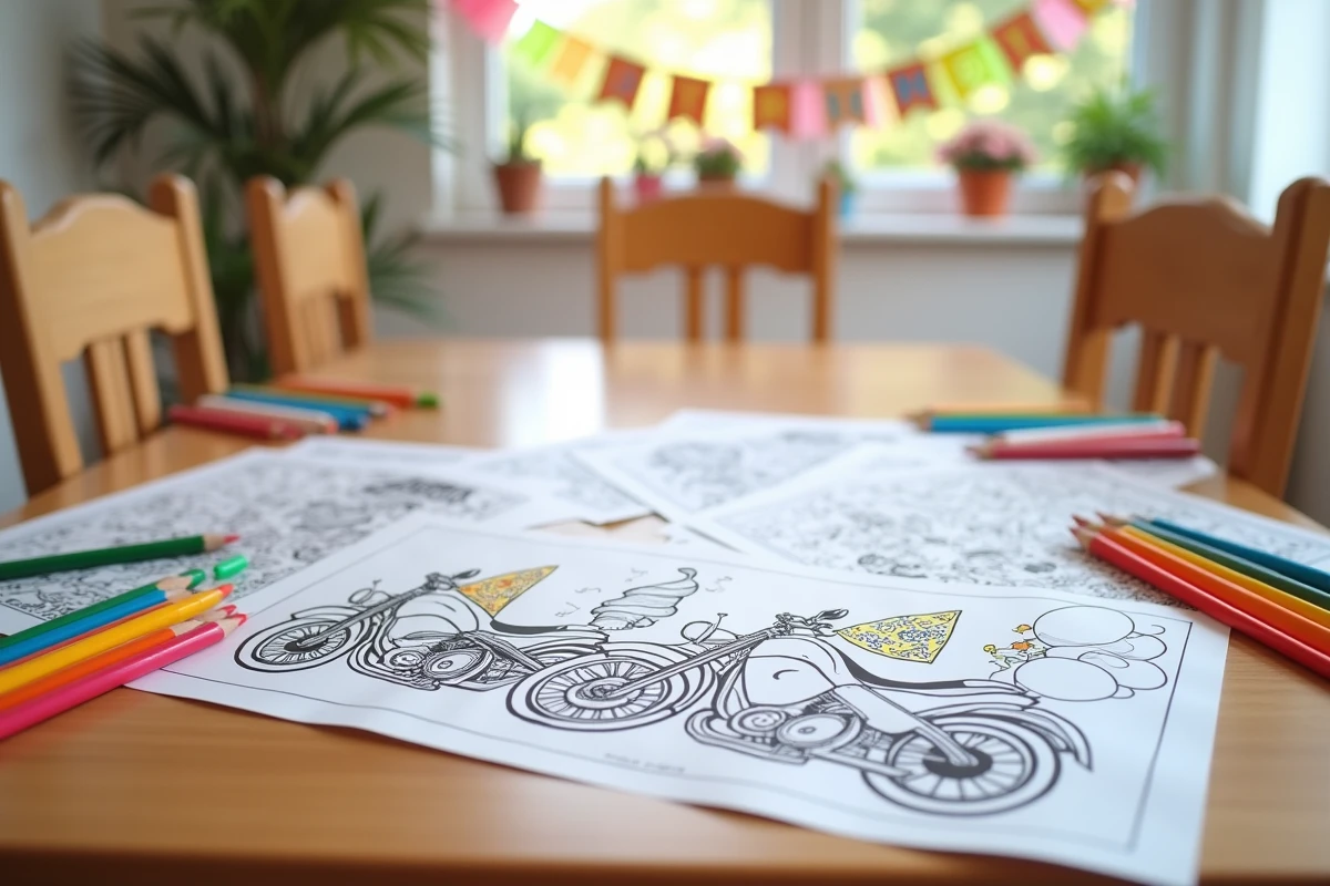 Feuilles de coloriage sur le thème de la moto pour anniversaire posées sur une table en bois avec des crayons de couleur