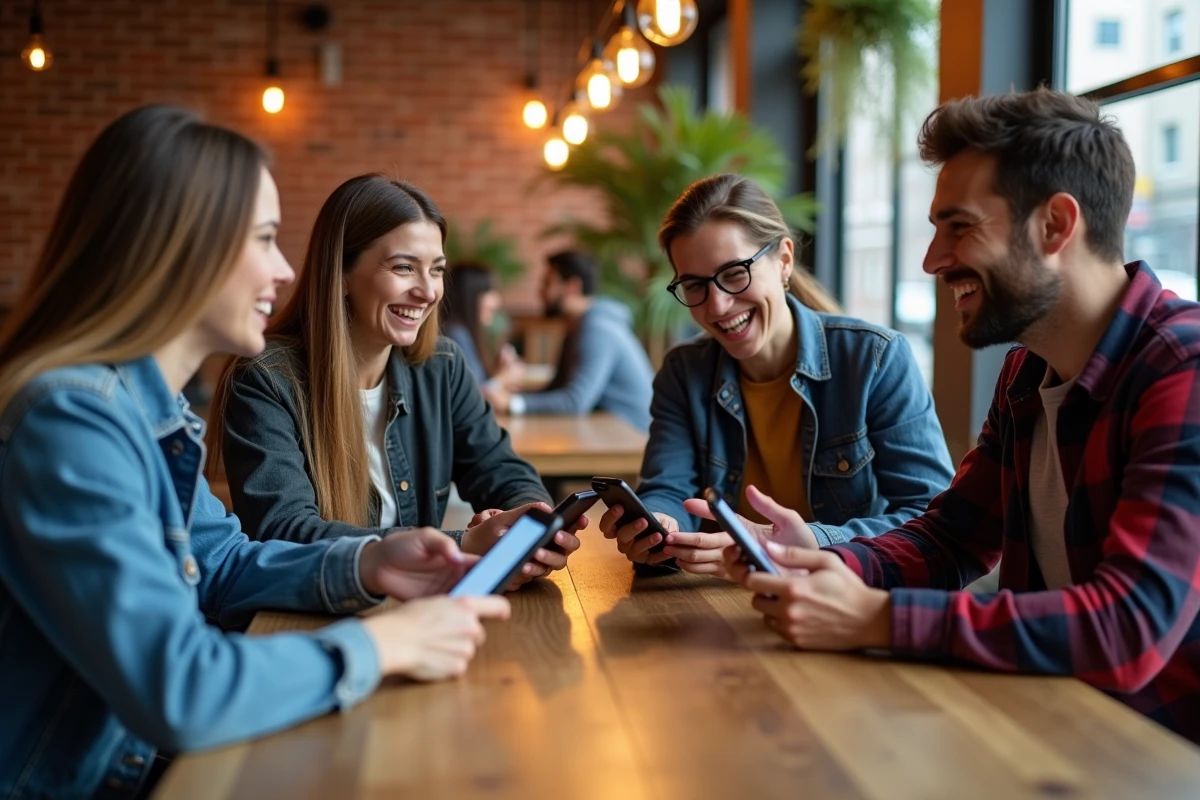 Groupe de passionnés de médias réunis dans un café autour d'un blog communautaire sur smartphone et tablette