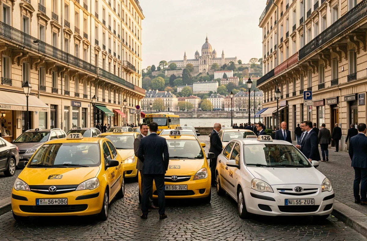 Vue panoramique d'une station de taxis à Lyon avec plusieurs véhicules alignés près des quais du Rhône