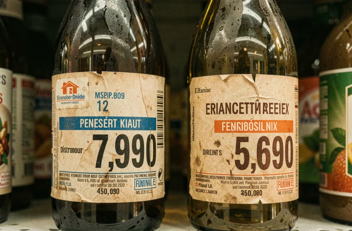 Comparaison de prix entre deux bouteilles d'alcool dans un supermarché espagnol près de la frontière française, étiquettes de prix bien visibles