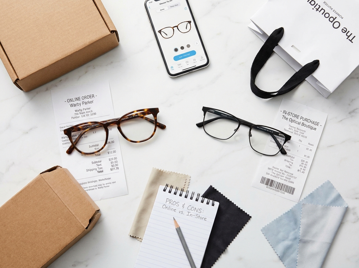 Comparatif visuel entre achat de lunettes en ligne et en magasin avec montures, reçus et emballage côte à côte