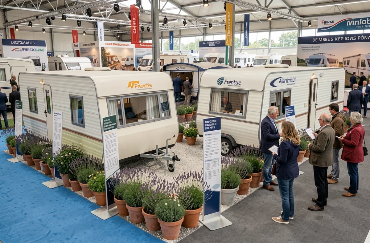 Comparatif de deux mobil-homes de marques françaises exposés dans un salon professionnel du camping