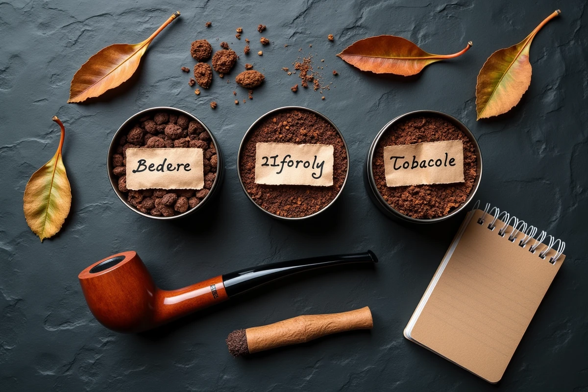 Plateau comparatif de différents tabacs à pipe pour débutants avec une pipe en maïs et des notes de dégustation